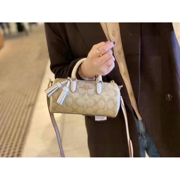 COACH LACEY Top Handle Crossbody Bag Signature Canvas Chalk Khaki Tassel CK689 - Picture 9 of 11